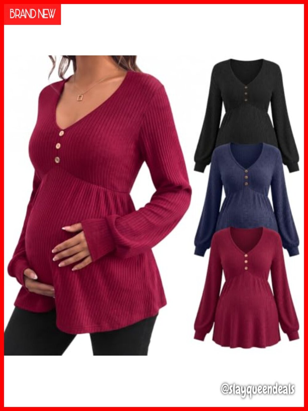 Maternity Tops 3 Pack Long Sleeve Ribbed V Neck Tunic Blouses Pregnancy Shirts